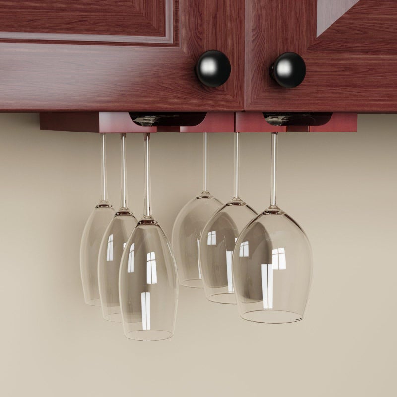 Rustic State Vigo 2 Sectional Adjustable Under Cabinet Mount Wood Stemware Rack Hanging Shelf Glassware Holder Bar Organizer with up to 6 Wine Glass Storage 11 Inch Deep Mahogany - Image 1